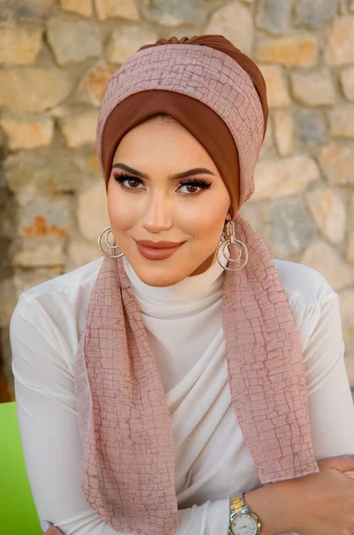 Aişe Tesettür Karamel Bej Desen Fularlı Bone - Resim 2