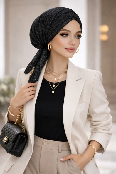 Aişe Tesettür Siyah Gümüş Piliseli Çapraz Bone - Resim 3