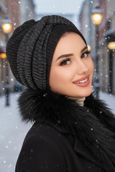 Aişe Tesettür Siyah Gümüş Işıltı Burgu Detaylı Bone ürün görseli 1