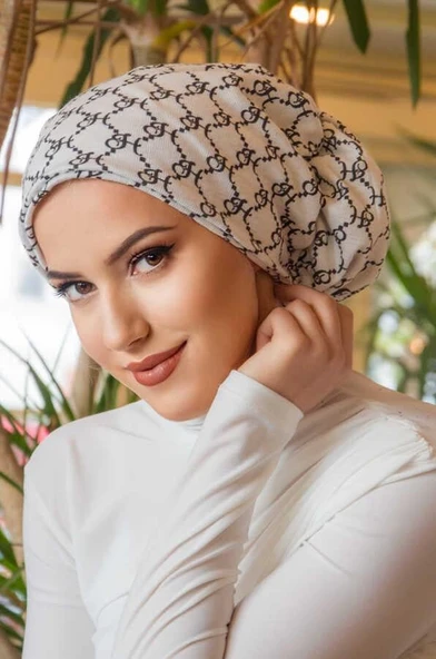 Aişe Tesettür Beyaz Hat Desen Çağla Hazır Türban ürün görseli 1