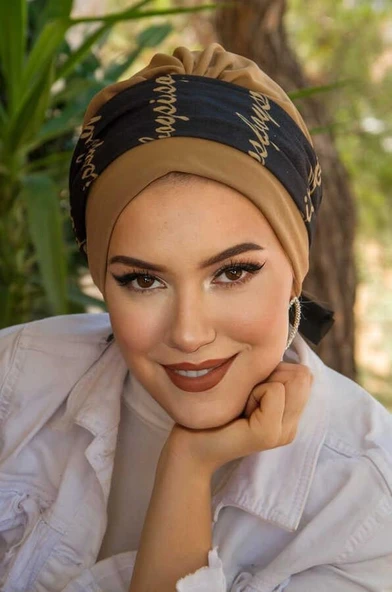 Aişe Tesettür Camel Siyah Bantlı Hazır Bone ürün görseli 1