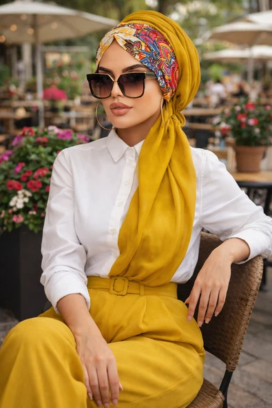 Aişe Tesettür Hardal Etnik Desen Büzgülü Hazır Şal ürün görseli 1