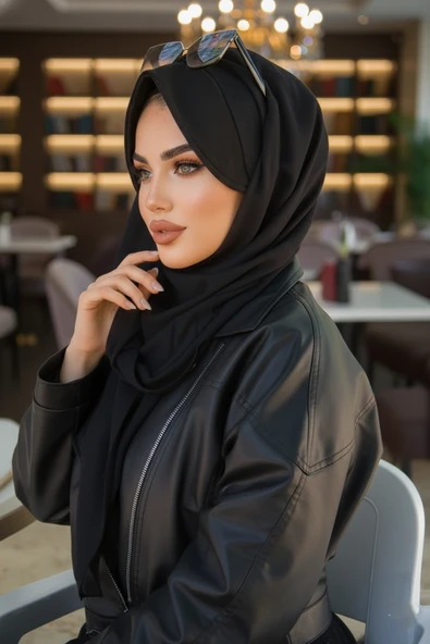 Aişe Tesettür Siyah Şapkalı Şal - Resim 2