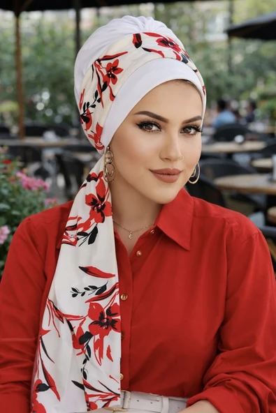 Aişe Tesettür Beyaz Kırmızı Çiçek Desen Fularlı Bone ürün görseli 1