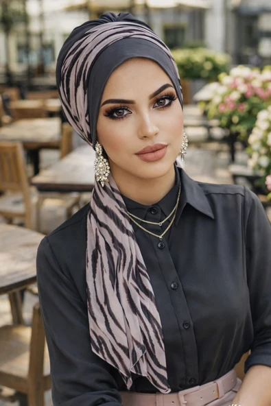 Aişe Tesettür Füme Zebra Fularlı Bone ürün görseli 1