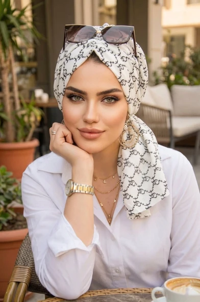 Aişe Tesettür Siyah Beyaz Hat Desen Tokalı Bone ürün görseli 1