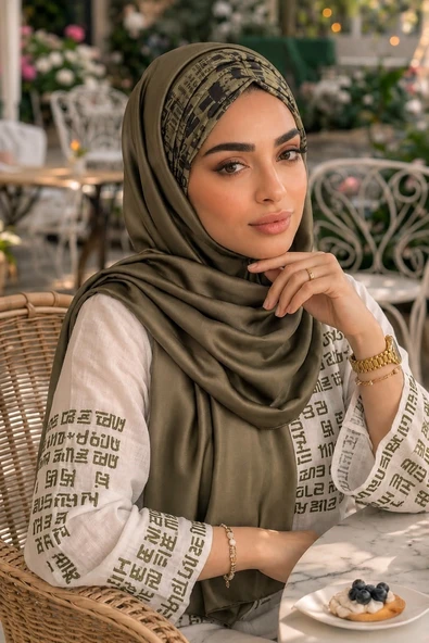 Aişe Tesettür Haki Yazı Desen Hazır Şal ürün görseli 1