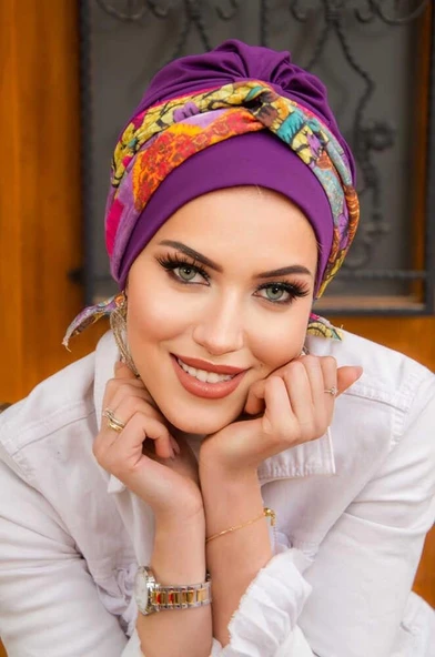 Aişe Tesettür Taba Çizgi Desenli Bantlı Bone ürün görseli 1