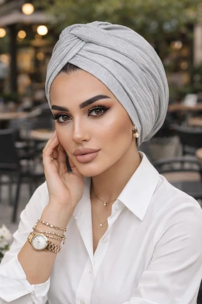 Aişe Tesettür Gri Ekru Kışlık Burgu Bone ürün görseli 1