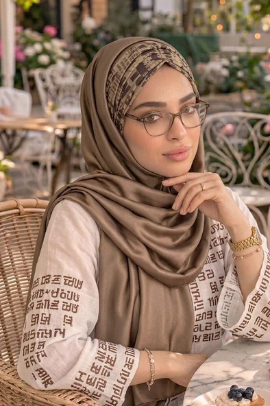 Aişe Tesettür Haki Yazı Desen Hazır Şal ürün görseli 1