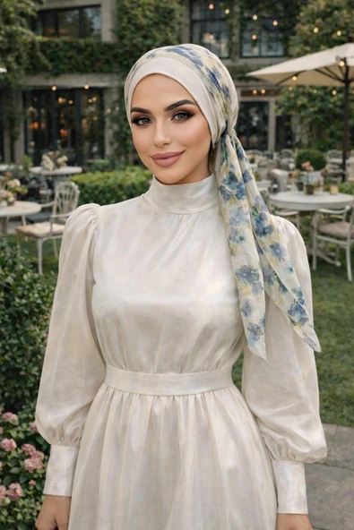 Aişe Tesettür Taş Mavi Batik Desen Fularlı Bone ürün görseli 1