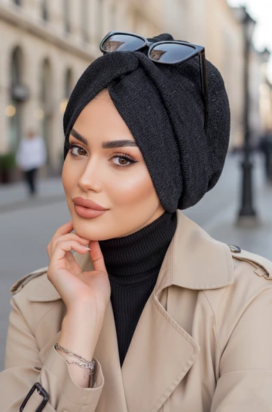 Aişe Tesettür Siyah Triko Kışlık Burgu Bone ürün görseli 1