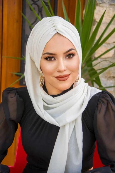 Aişe Tesettür Beyaz Kelebek Model Büzgülü Bone Şal ürün görseli 1