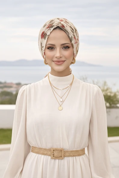 Aişe Tesettür Ekru Çicek Tokalı Bone - Resim 3