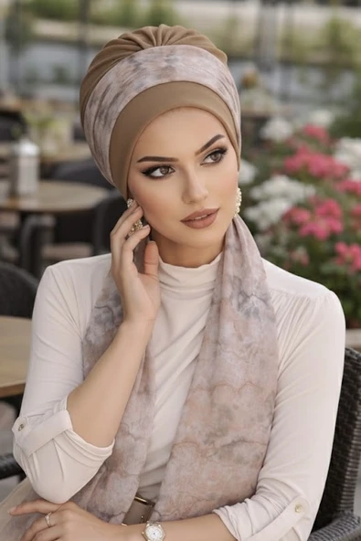 Aişe Tesettür Bej Ebruli Desen Fularlı Bone - Resim 2