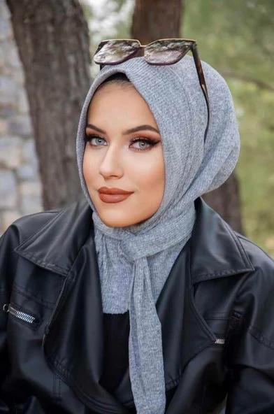 Aişe Tesettür Gri Triko Kışlık Hazır Eşarp ürün görseli 1