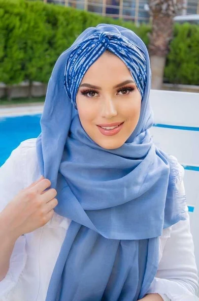 Aişe Tesettür İndigo Çizgili Burgu Hazır Şal ürün görseli 1