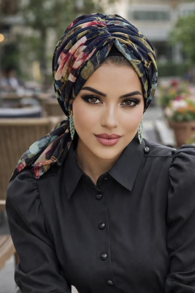Aişe Tesettür Lacivert Çiçek Desen Tokalı Bone ürün görseli 1