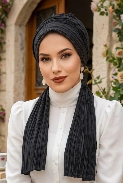 Aişe Tesettür Siyah Piliseli Atkılı Bone ürün görseli 1