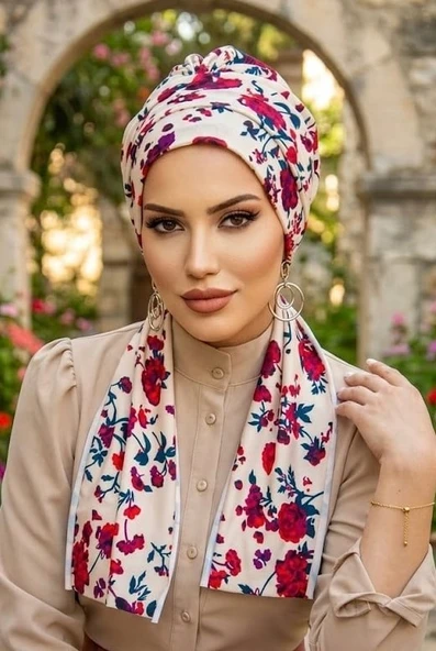 Aişe Tesettür Ekru Bordo Çiçek Desenli Atkılı Bone ürün görseli 1