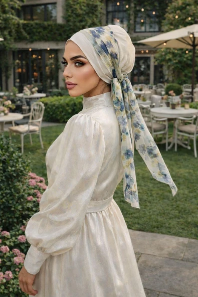 Aişe Tesettür Taş Mavi Batik Desen Fularlı Bone - Resim 2
