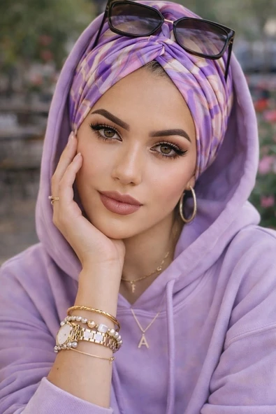 Aişe Tesettür Lila Geometrik Desenli Burgu Bone ürün görseli 1