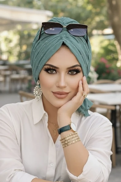 Aişe Tesettür Mint Ponpon Tokalı Bone - Resim 2