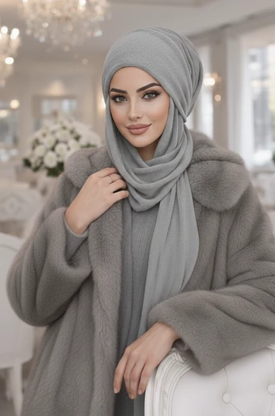 Aişe Tesettür Gri Kelebek Bone Şal / Uzun Boy ürün görseli 1