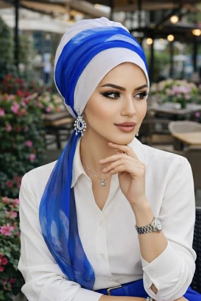 Aişe Tesettür Beyaz Saks Mavi Fularlı Bone - Resim 2
