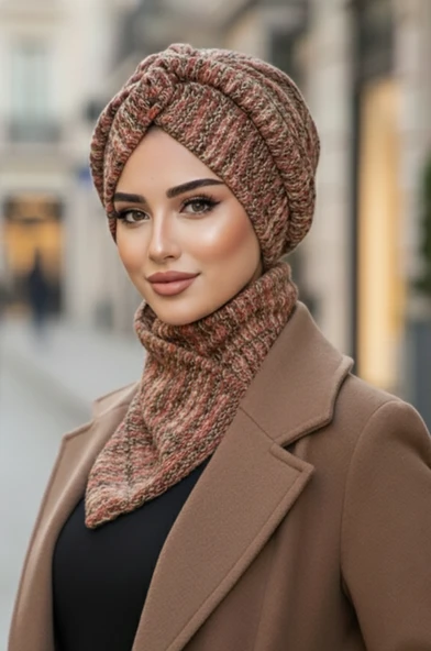 Aişe Tesettür Taba Triko Kışlık Burgu Bone Ve Etol Takım ürün görseli 1