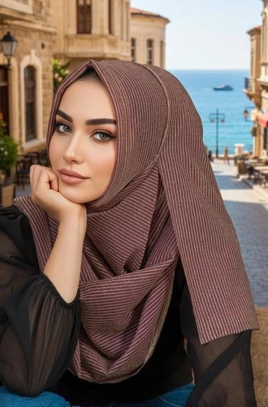 Aişe Tesettür Bakır Çizgi Desenli Double Şal ürün görseli 1