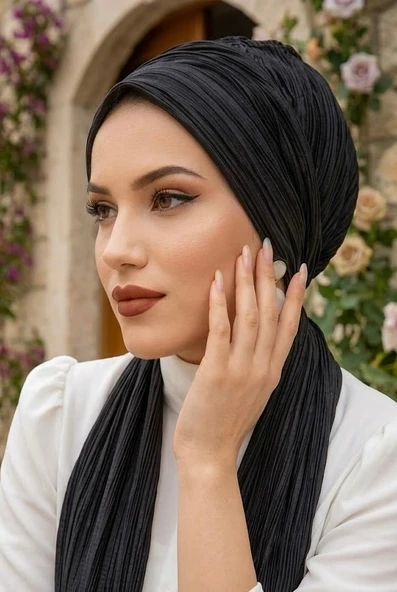 Aişe Tesettür Siyah Piliseli Atkılı Bone - Resim 2