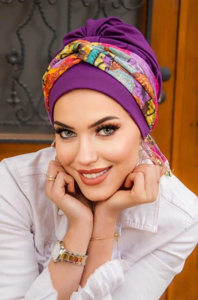 Aişe Tesettür Taba Çizgi Desenli Bantlı Bone - Resim 2