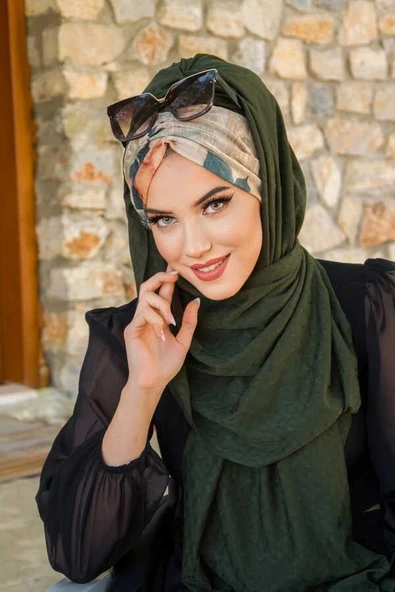 Aişe Tesettür Haki Bej Çiçek Desenli Hazır Şal ürün görseli 1