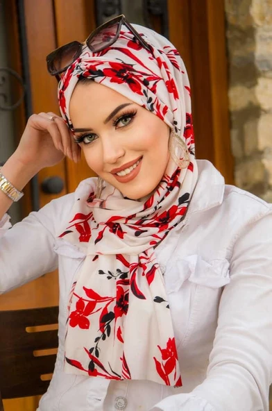 Aişe Tesettür Kırmızı Beyaz Çiçek Desen Kelebek Bone Şal ürün görseli 1