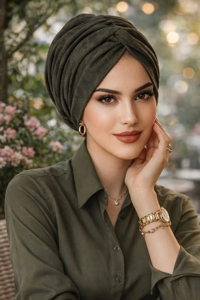 Aişe Tesettür Haki Leopar Desen Burgu Bone ürün görseli 1