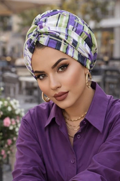 Aişe Tesettür Lila Geometrik Desenli Burgu Bone ürün görseli 1