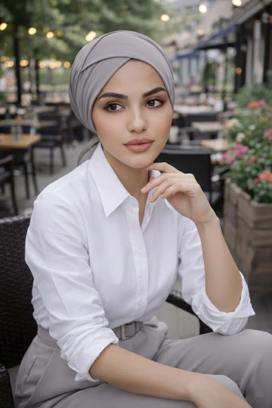 Aişe Tesettür Gri Çapraz Bantlı Bone - Resim 2