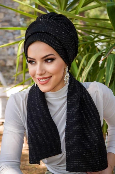 Aişe Tesettür Siyah Fitilli Atkılı Bone - Resim 5