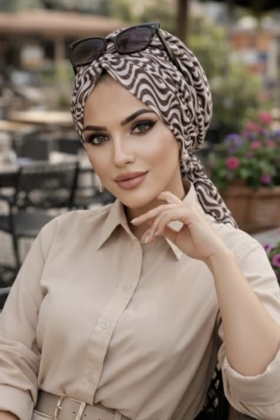 Aişe Tesettür Kahve Helezon Desen Tül Tokalı Bone ürün görseli 1