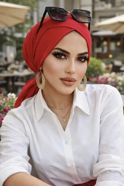Aişe Tesettür Kırmızı Çapraz Bantlı Bone ürün görseli 1