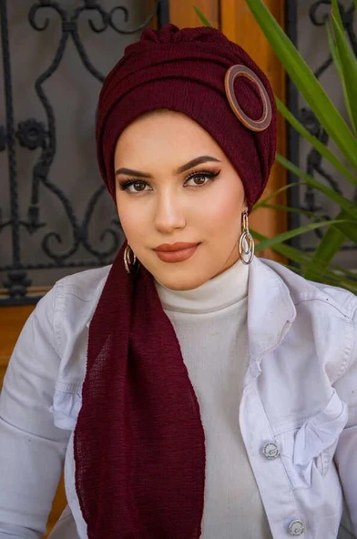 Aişe Tesettür Bordo Ahşap Tokalı Atkılı Bone ürün görseli 1