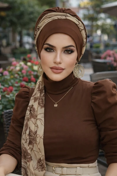 Aişe Tesettür Karamel Kahve Fularlı Bone ürün görseli 1
