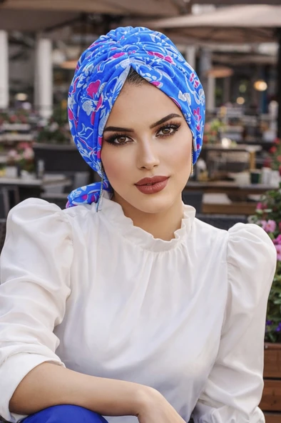 Aişe Tesettür Mavi Desenli Tokalı Bone ürün görseli 1