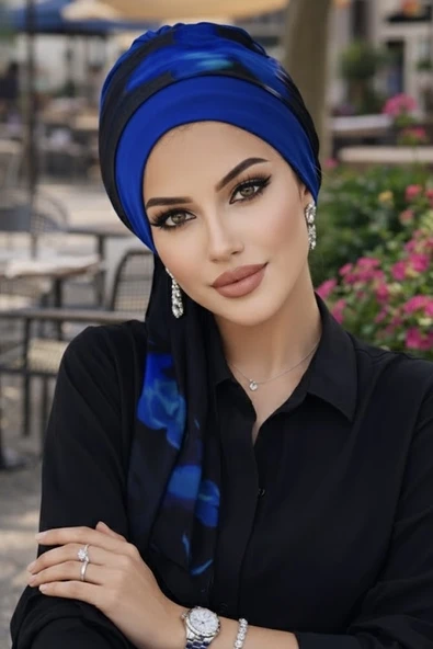 Aişe Tesettür Saks Siyah Batik Fularlı Bone - Resim 2