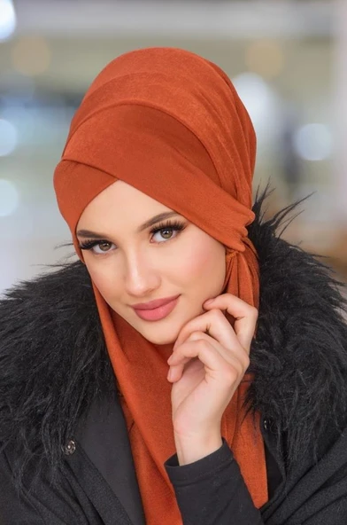 Aişe Tesettür Kiremit Çapraz Bantlı Medium Size Hijab - Hazır Şal ürün görseli 1