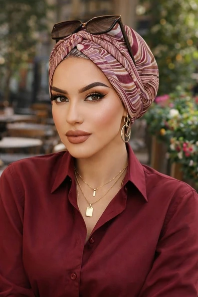 Aişe Tesettür Bej Vişne Spiral Desen Burgu Bone ürün görseli 1