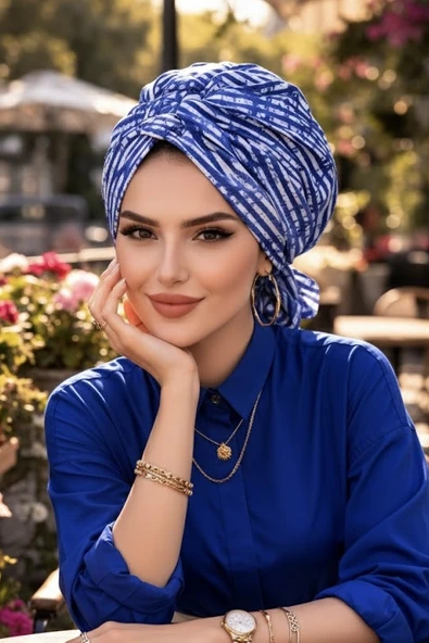 Aişe Tesettür Kot Mavi Çizgili Tokalı Bone ürün görseli 1