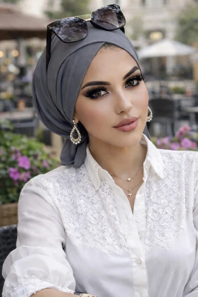 Aişe Tesettür Füme Hazır Çapraz Bone - Resim 2