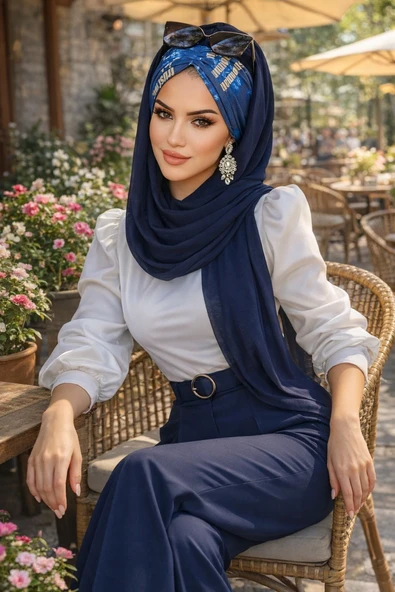 Aişe Tesettür Lacivert Hardal Yazı Desen Hazır Şal ürün görseli 1